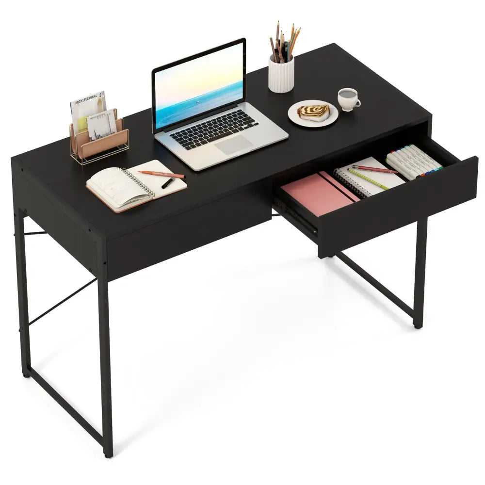 Computer Desk with 2 Drawers 44 Inch Home Office Desk with Metal Frame-Black - Black - Computer Desks
