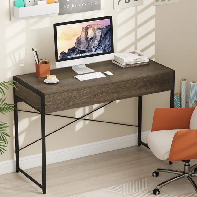 Computer Desk with 2 Drawers 44 Inch Home Office Desk with Metal Frame-Oak - Oak - Computer Desks