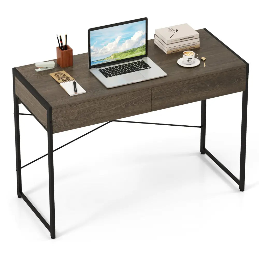 Computer Desk with 2 Drawers 44 Inch Home Office Desk with Metal Frame-Oak - Oak - Computer Desks