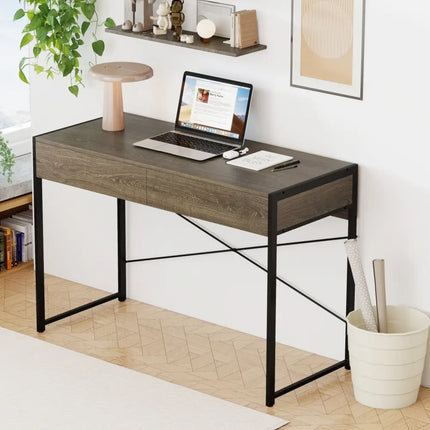 Computer Desk with 2 Drawers 44 Inch Home Office Desk with Metal Frame-Oak - Oak - Computer Desks