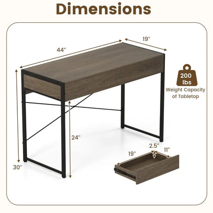 Computer Desk with 2 Drawers 44 Inch Home Office Desk with Metal Frame-Oak - Oak - Computer Desks