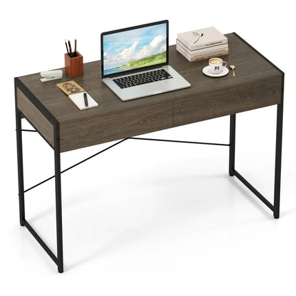 Computer Desk with 2 Drawers 44 Inch Home Office Desk with Metal Frame-Oak - Oak - Computer Desks