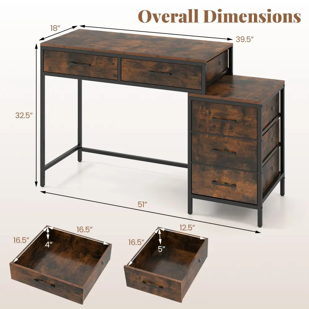 Computer Desk with 5 Drawers and Printer Stand for Bedroom and Small Spaces-Rustic Brown - Rustic Brown - Computer Desks