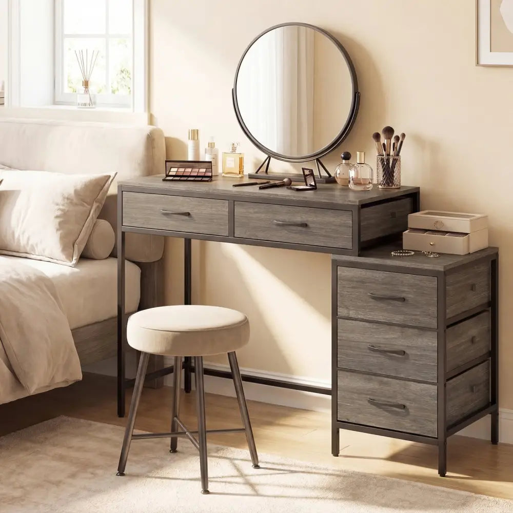 Computer Desk with 5 Drawers and Printer Stand for Bedroom and Small Spaces-Oak - Oak - Computer Desks