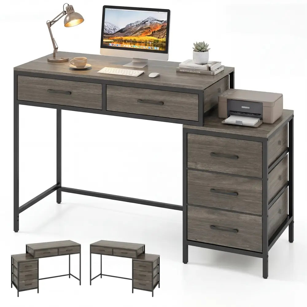 Computer Desk with 5 Drawers and Printer Stand for Bedroom and Small Spaces-Oak - Oak - Computer Desks