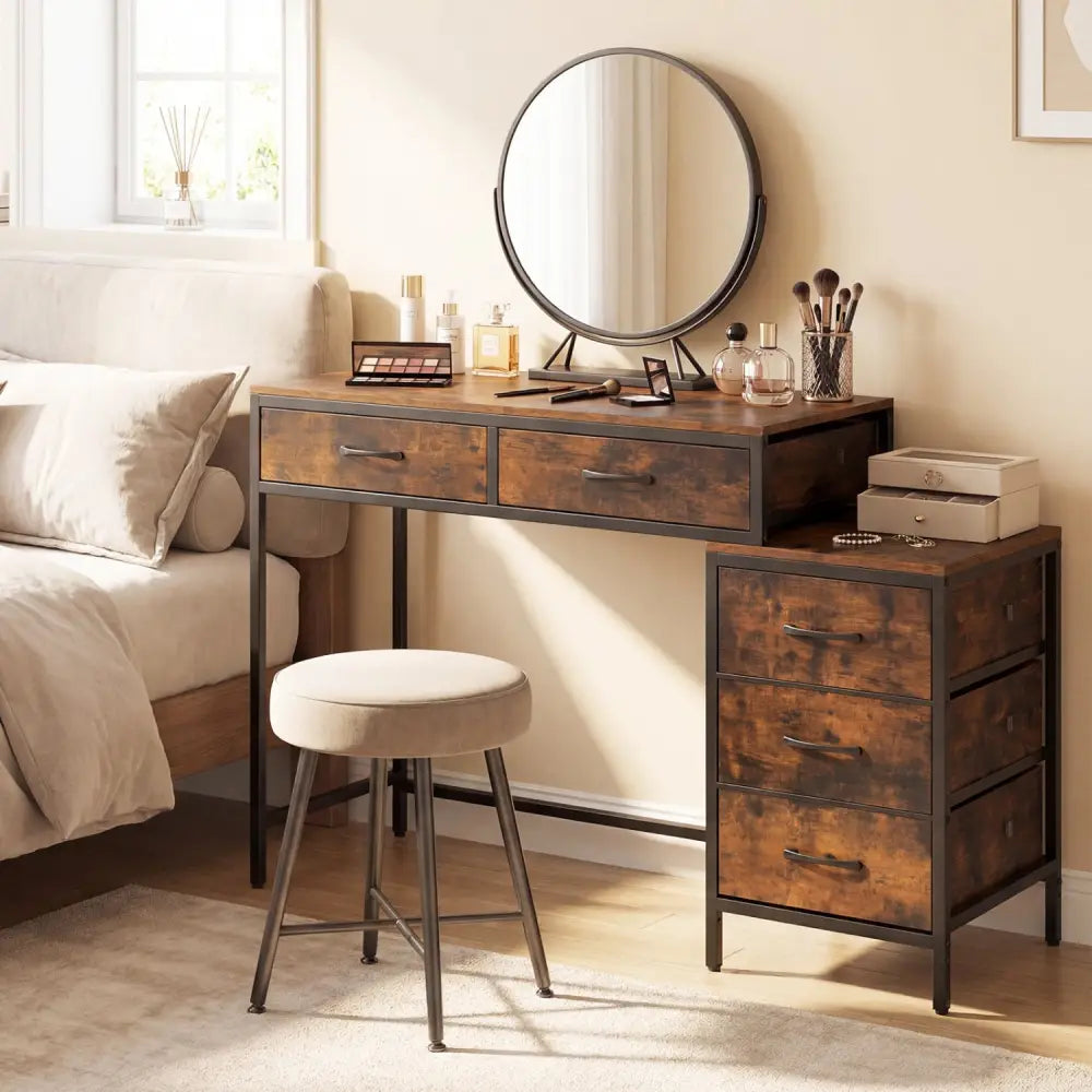 Computer Desk with 5 Drawers and Printer Stand for Bedroom and Small Spaces-Rustic Brown - Rustic Brown - Computer Desks