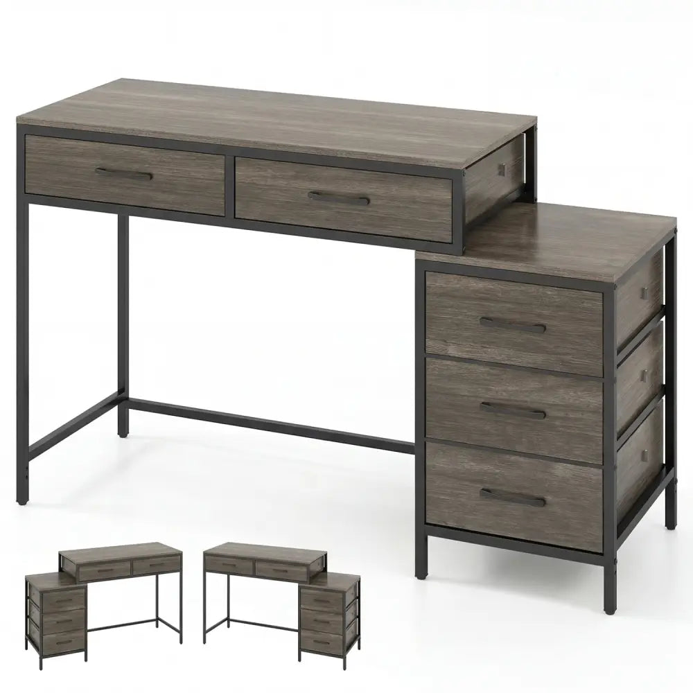 Computer Desk with 5 Drawers and Printer Stand for Bedroom and Small Spaces-Oak - Oak - Computer Desks