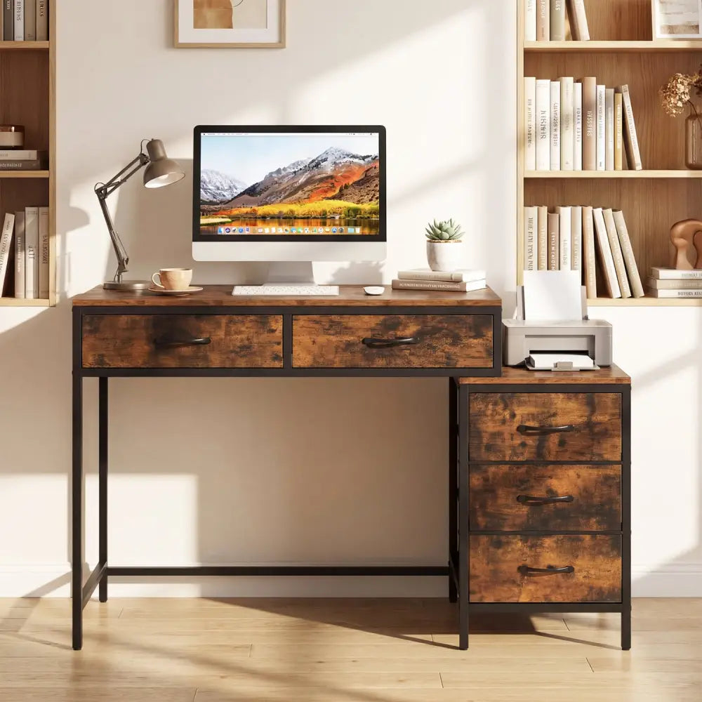 Computer Desk with 5 Drawers and Printer Stand for Bedroom and Small Spaces-Rustic Brown - Rustic Brown - Computer Desks