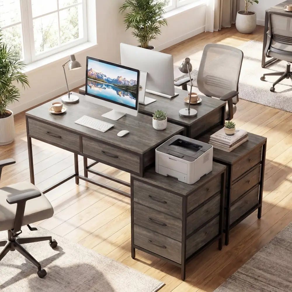 Computer Desk with 5 Drawers and Printer Stand for Bedroom and Small Spaces-Oak - Oak - Computer Desks