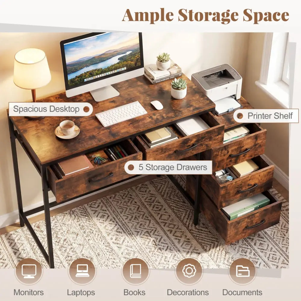Computer Desk with 5 Drawers and Printer Stand for Bedroom and Small Spaces-Rustic Brown - Rustic Brown - Computer Desks