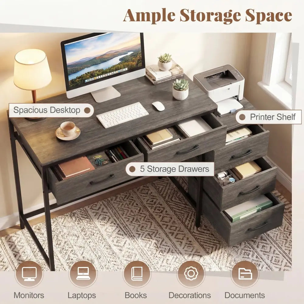 Computer Desk with 5 Drawers and Printer Stand for Bedroom and Small Spaces-Oak - Oak - Computer Desks