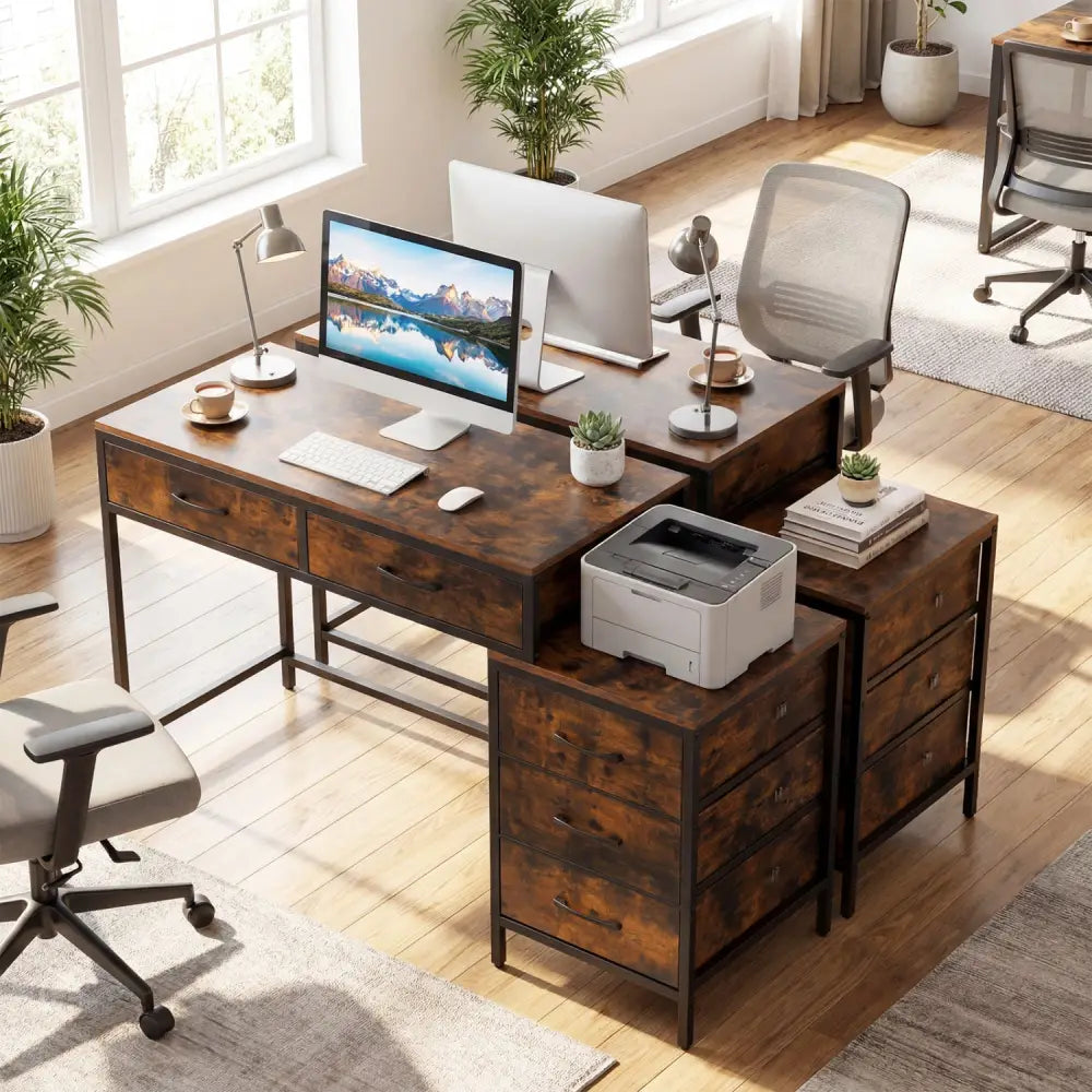 Computer Desk with 5 Drawers and Printer Stand for Bedroom and Small Spaces-Rustic Brown - Rustic Brown - Computer Desks
