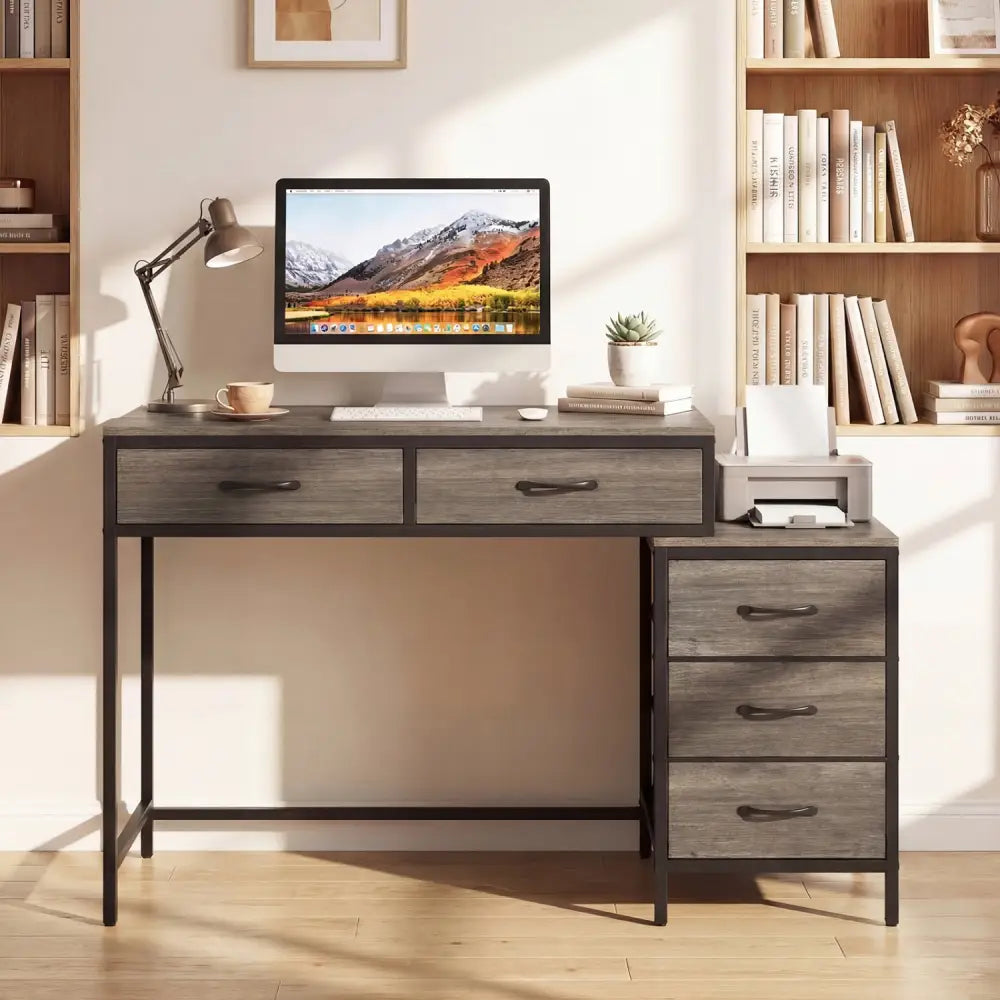 Computer Desk with 5 Drawers and Printer Stand for Bedroom and Small Spaces-Oak - Oak - Computer Desks
