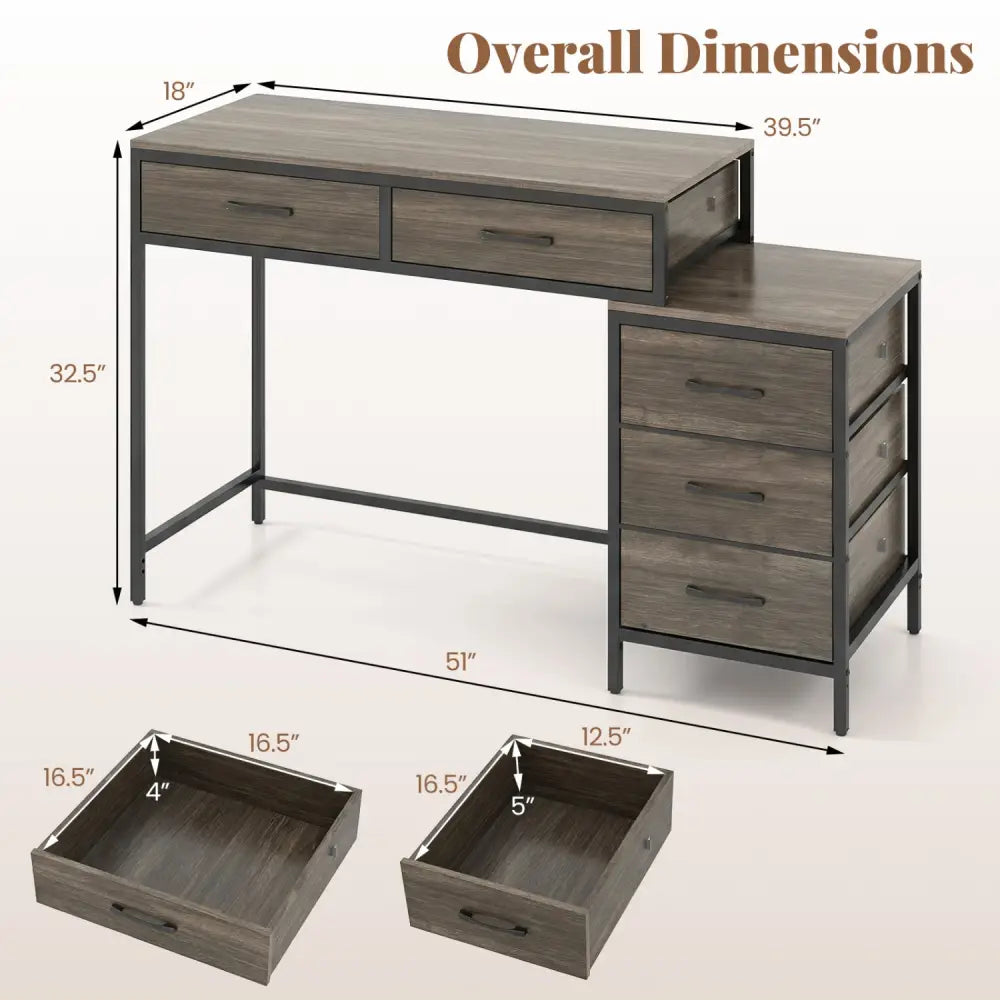 Computer Desk with 5 Drawers and Printer Stand for Bedroom and Small Spaces-Oak - Oak - Computer Desks