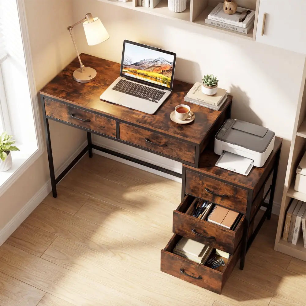 Computer Desk with 5 Drawers and Printer Stand for Bedroom and Small Spaces-Rustic Brown - Rustic Brown - Computer Desks