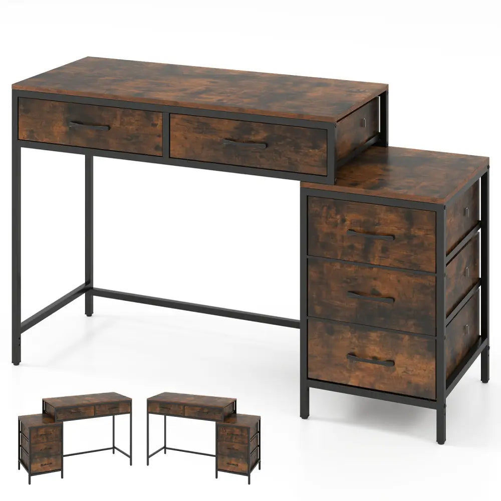 Computer Desk with 5 Drawers and Printer Stand for Bedroom and Small Spaces-Rustic Brown - Rustic Brown - Computer Desks
