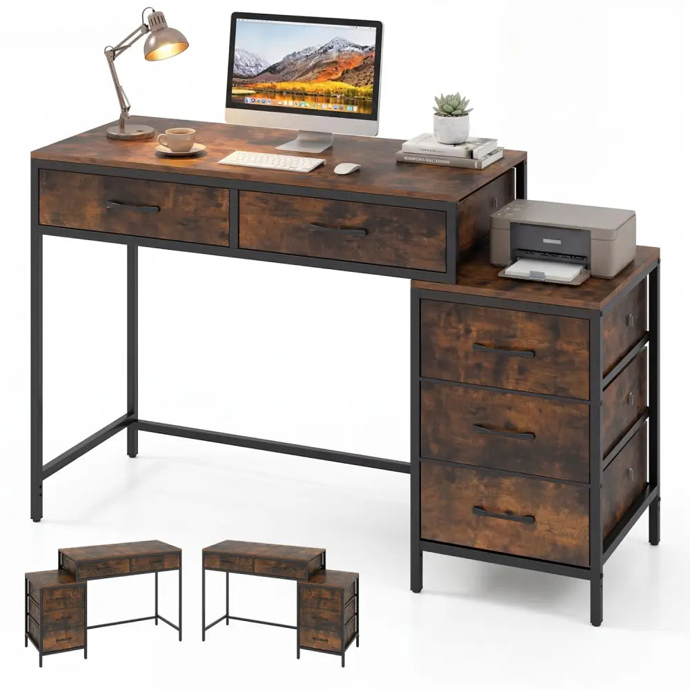 Computer Desk with 5 Drawers and Printer Stand for Bedroom and Small Spaces-Rustic Brown - Rustic Brown - Computer Desks