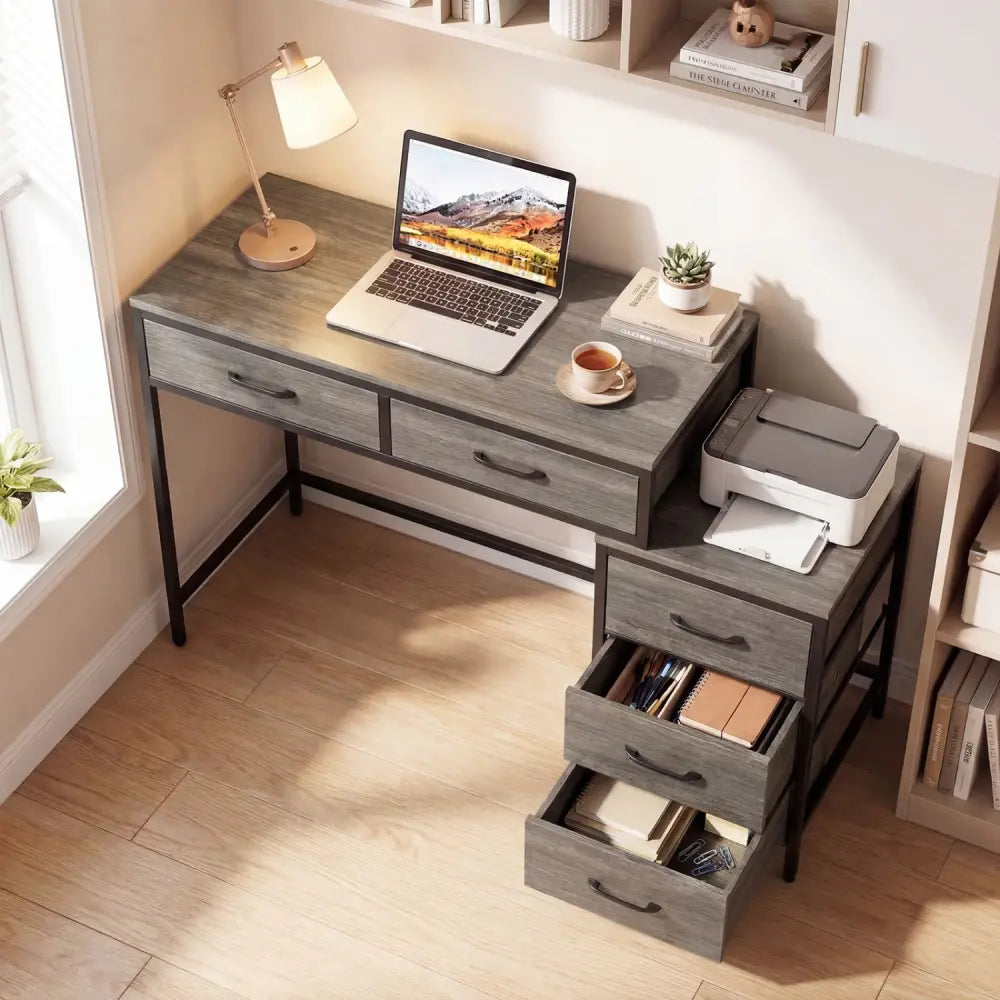 Computer Desk with 5 Drawers and Printer Stand for Bedroom and Small Spaces-Oak - Oak - Computer Desks