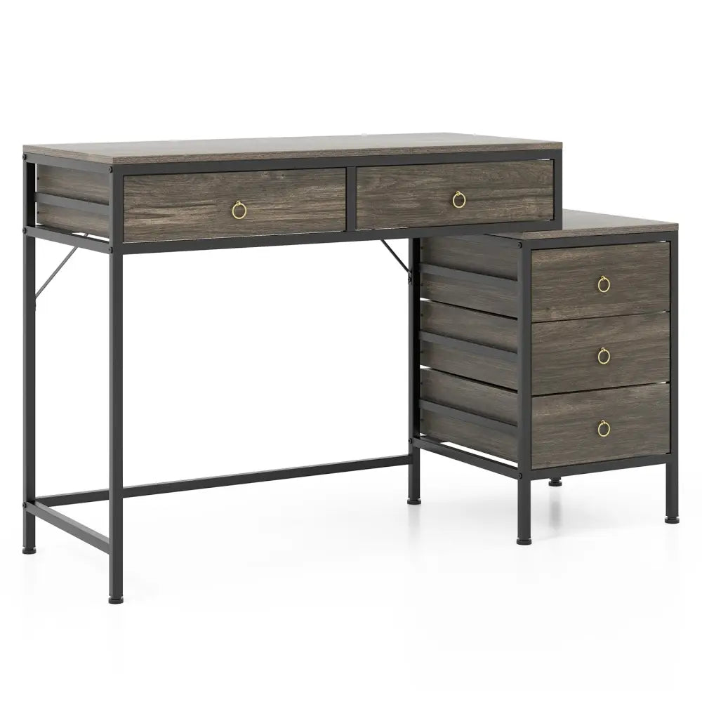 Computer Desk with 5 Drawers Home Office Desk with Side File Cabinet-Grey - Gray - Computer Desks