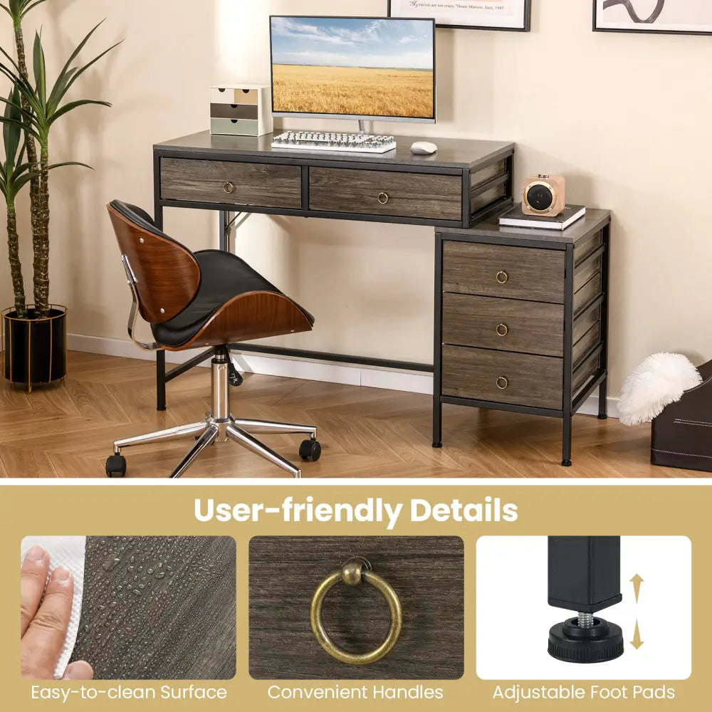 Computer Desk with 5 Drawers Home Office Desk with Side File Cabinet-Grey - Gray - Computer Desks