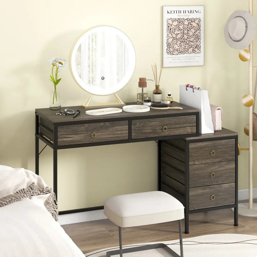 Computer Desk with 5 Drawers Home Office Desk with Side File Cabinet-Grey - Gray - Computer Desks