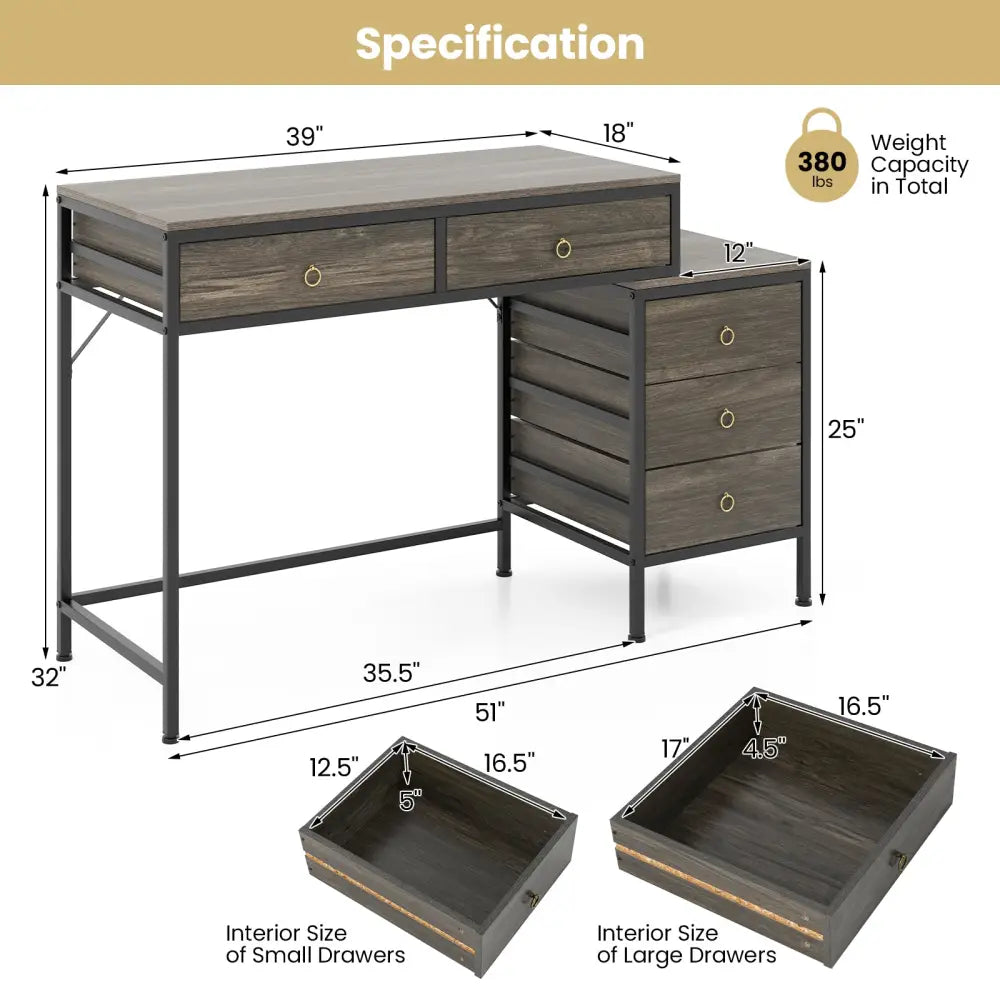 Computer Desk with 5 Drawers Home Office Desk with Side File Cabinet-Grey - Gray - Computer Desks