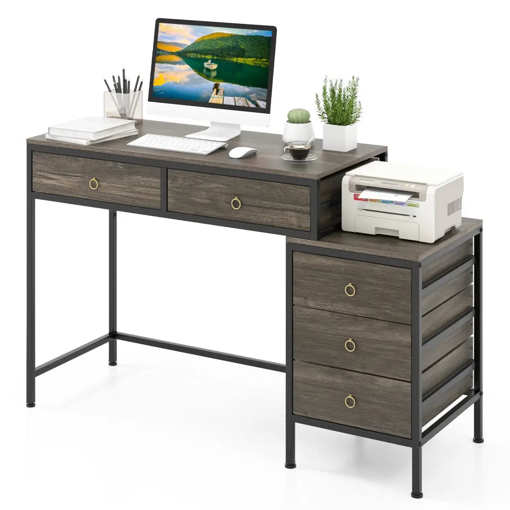 Computer Desk with 5 Drawers Home Office Desk with Side File Cabinet-Grey - Gray - Computer Desks