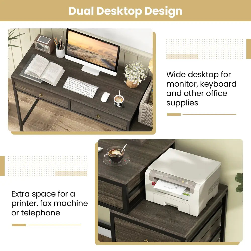 Computer Desk with 5 Drawers Home Office Desk with Side File Cabinet-Grey - Gray - Computer Desks