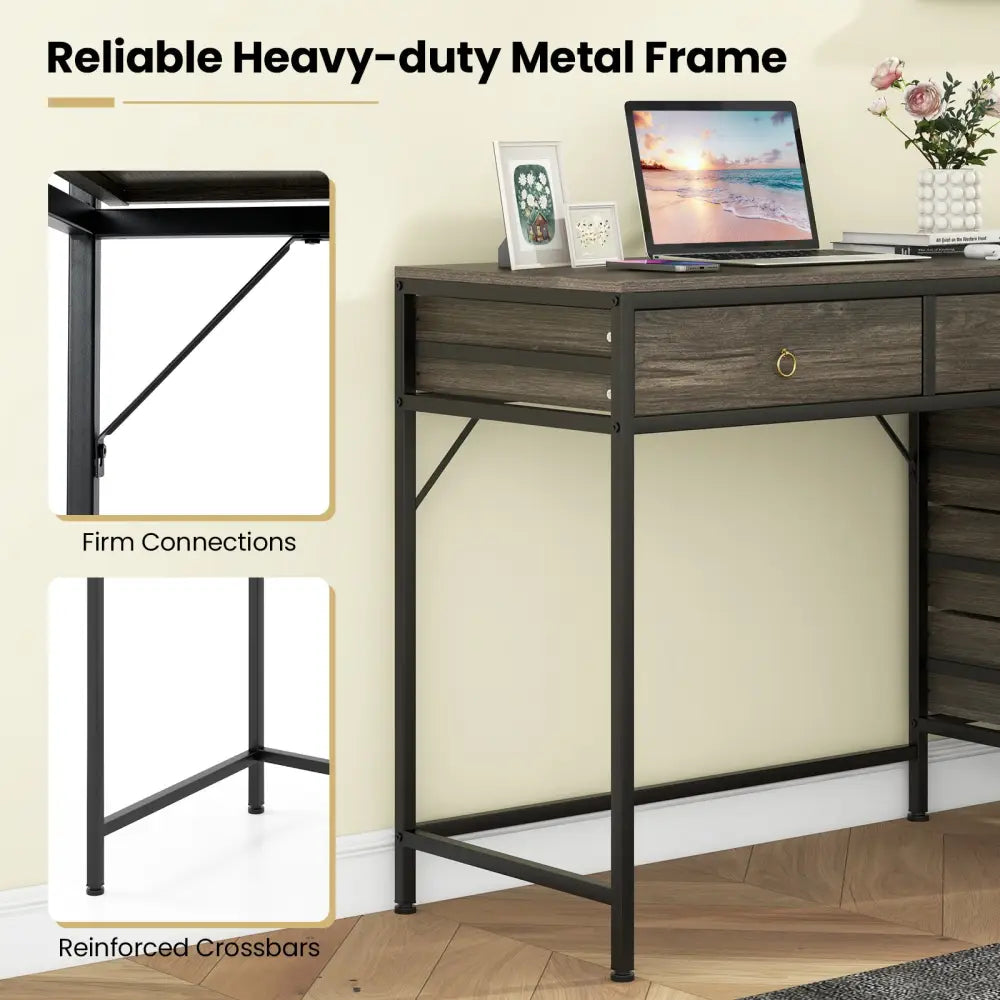 Computer Desk with 5 Drawers Home Office Desk with Side File Cabinet-Grey - Gray - Computer Desks