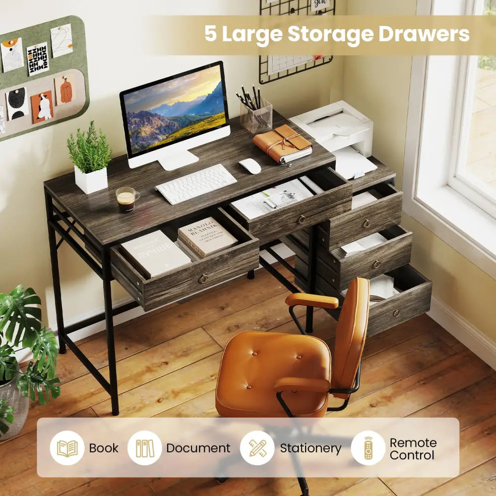 Computer Desk with 5 Drawers Home Office Desk with Side File Cabinet-Grey - Gray - Computer Desks