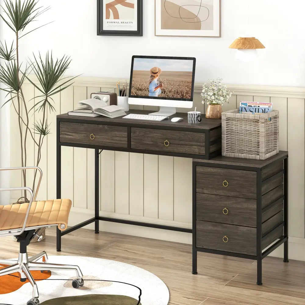 Computer Desk with 5 Drawers Home Office Desk with Side File Cabinet-Grey - Gray - Computer Desks