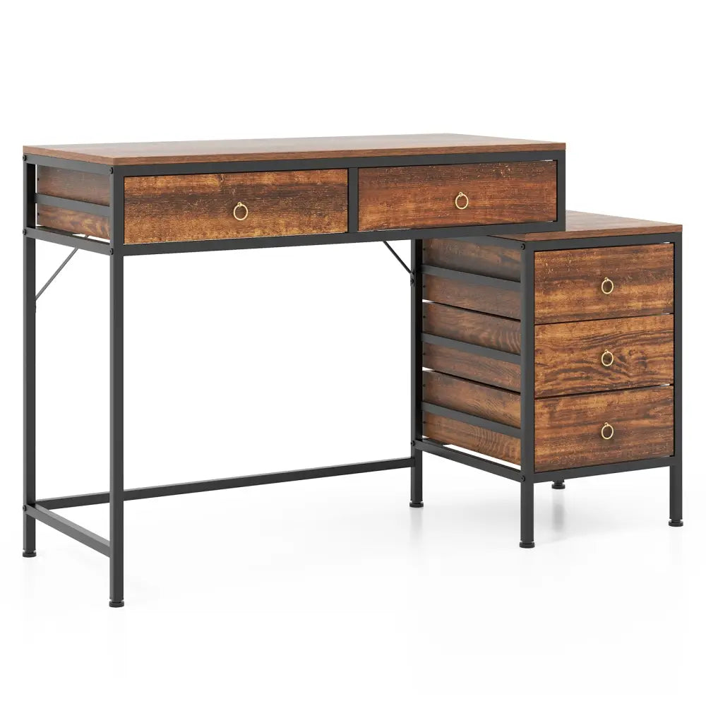 Computer Desk with 5 Drawers Home Office Desk with Side File Cabinet-Rustic Brown - Rustic Brown - Computer Desks