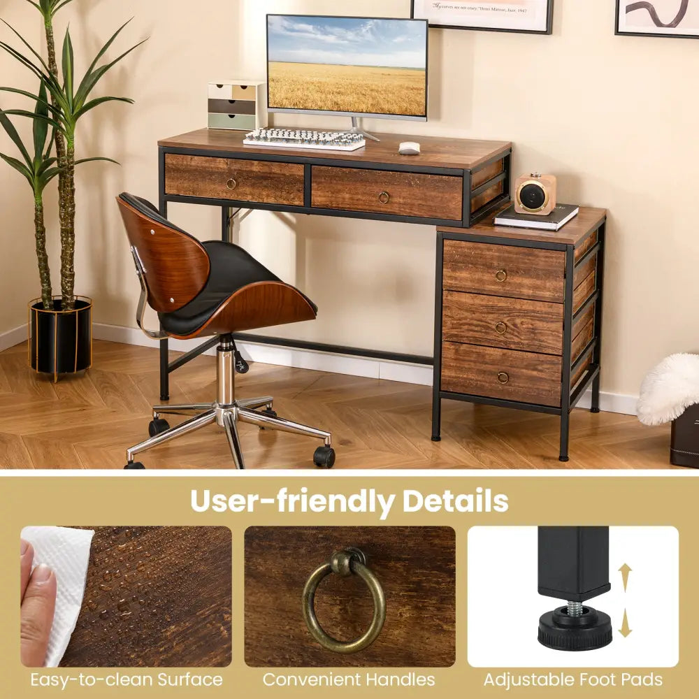 Computer Desk with 5 Drawers Home Office Desk with Side File Cabinet-Rustic Brown - Rustic Brown - Computer Desks