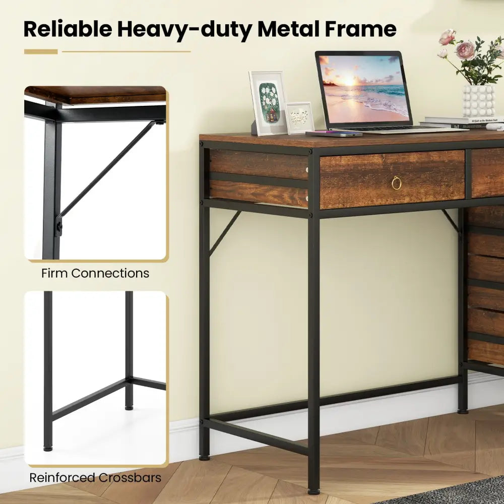 Computer Desk with 5 Drawers Home Office Desk with Side File Cabinet-Rustic Brown - Rustic Brown - Computer Desks