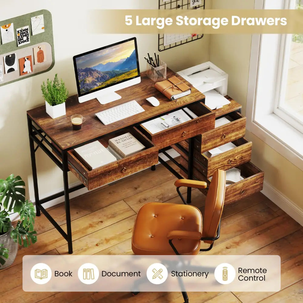Computer Desk with 5 Drawers Home Office Desk with Side File Cabinet-Rustic Brown - Rustic Brown - Computer Desks