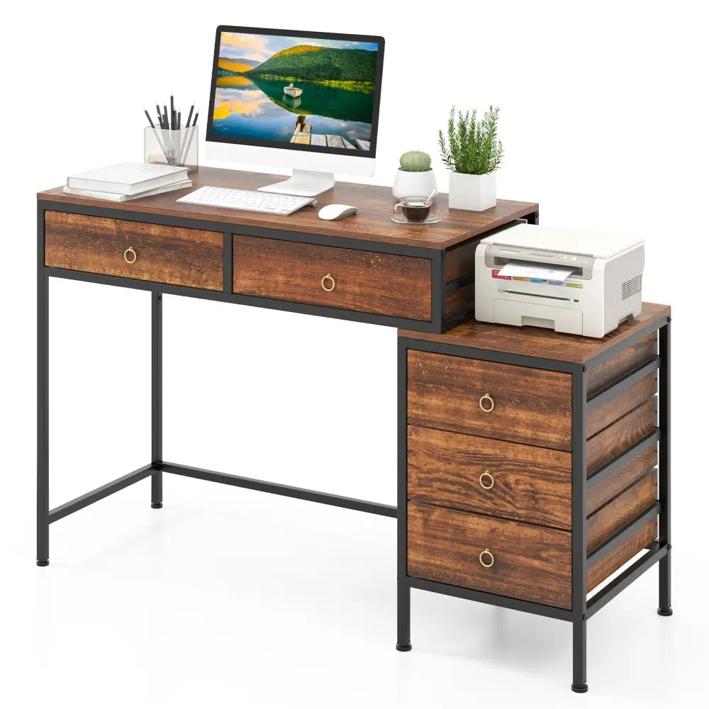 Computer Desk with 5 Drawers Home Office Desk with Side File Cabinet-Rustic Brown - Rustic Brown - Computer Desks