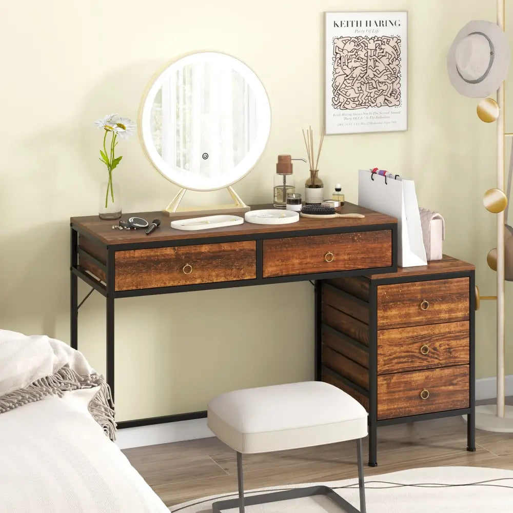 Computer Desk with 5 Drawers Home Office Desk with Side File Cabinet-Rustic Brown - Rustic Brown - Computer Desks