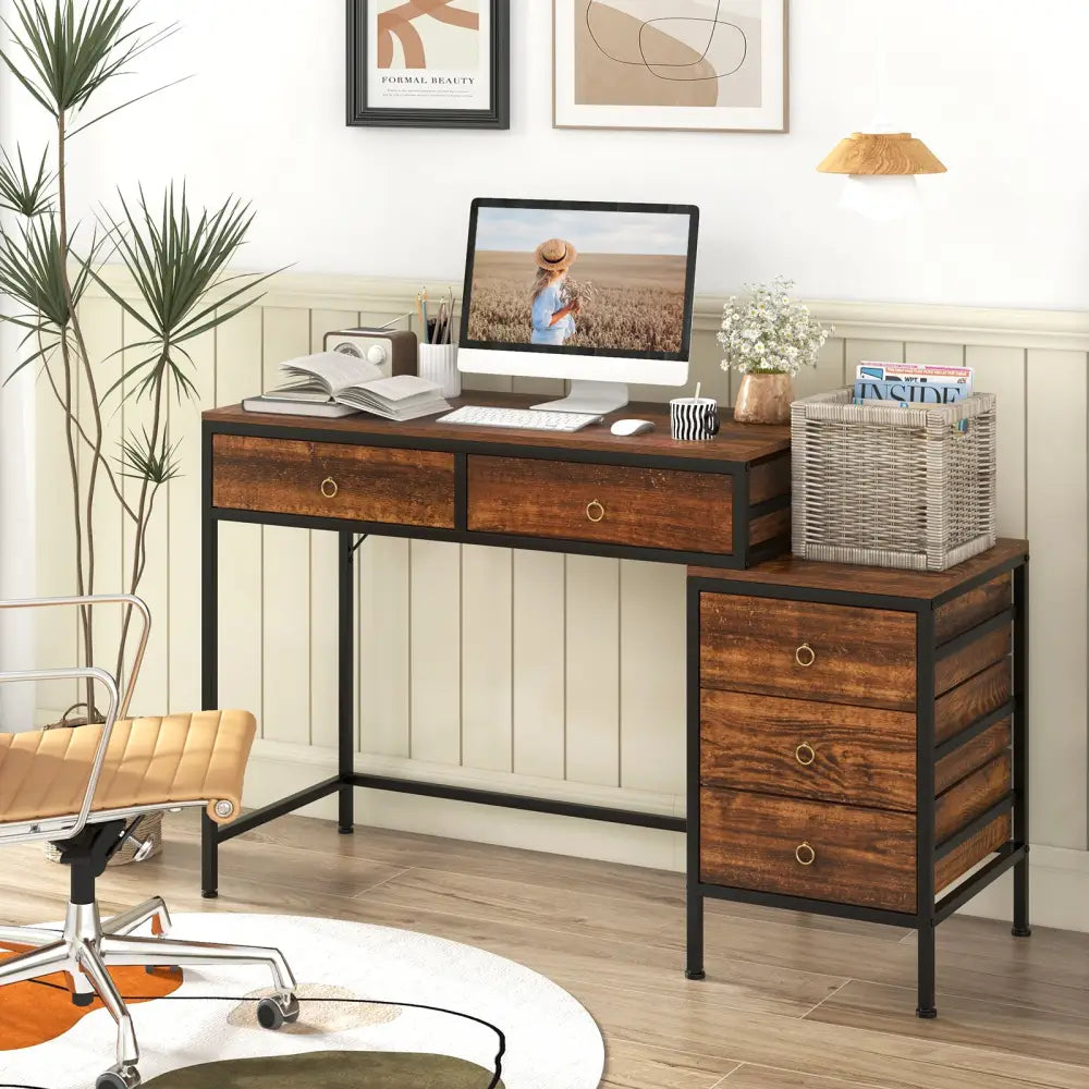 Computer Desk with 5 Drawers Home Office Desk with Side File Cabinet-Rustic Brown - Rustic Brown - Computer Desks