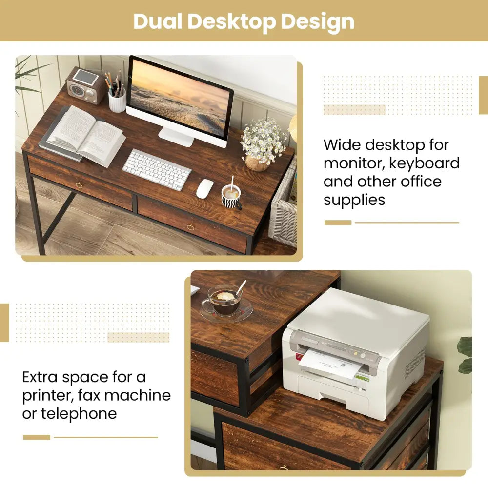 Computer Desk with 5 Drawers Home Office Desk with Side File Cabinet-Rustic Brown - Rustic Brown - Computer Desks
