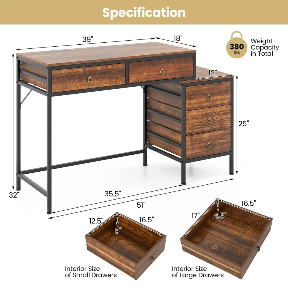 Computer Desk with 5 Drawers Home Office Desk with Side File Cabinet-Rustic Brown - Rustic Brown - Computer Desks