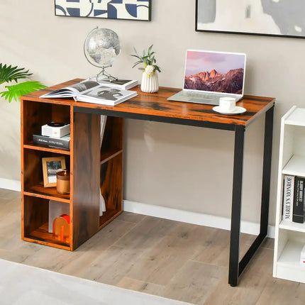 Computer Desk with 5 Side Shelves and Metal Frame-Rustic Brown - Rustic Brown - Computer Desks
