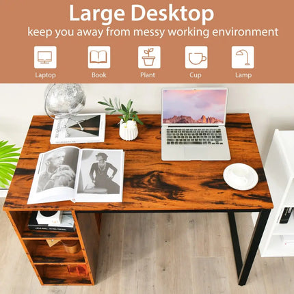 Computer Desk with 5 Side Shelves and Metal Frame-Rustic Brown - Rustic Brown - Computer Desks