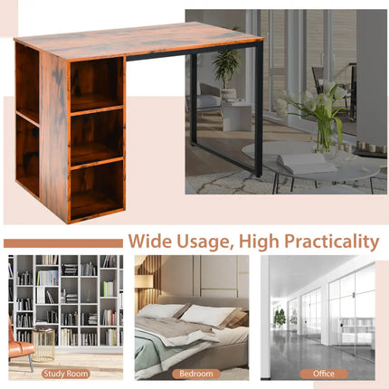 Computer Desk with 5 Side Shelves and Metal Frame-Rustic Brown - Rustic Brown - Computer Desks