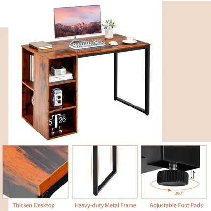 Computer Desk with 5 Side Shelves and Metal Frame-Rustic Brown - Rustic Brown - Computer Desks