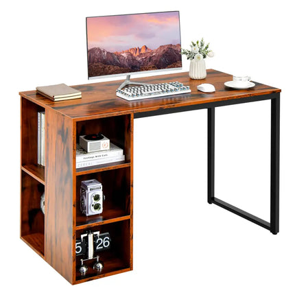 Computer Desk with 5 Side Shelves and Metal Frame-Rustic Brown - Rustic Brown - Computer Desks