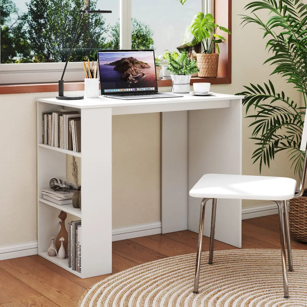 Computer Desk with Bookshelf for Small Space-White - White - Computer Desks