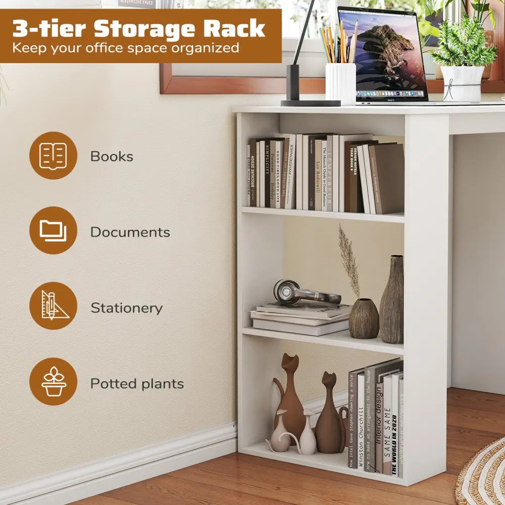 Computer Desk with Bookshelf for Small Space-White - White - Computer Desks