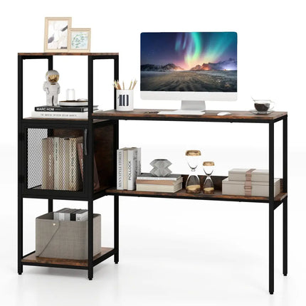Computer Desk with Bookshelf Home Office Desk with Storage Cabinet and Shelves-Rustic Brown - Rustic Brown - Computer