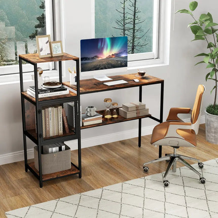 Computer Desk with Bookshelf Home Office Desk with Storage Cabinet and Shelves-Rustic Brown - Rustic Brown - Computer