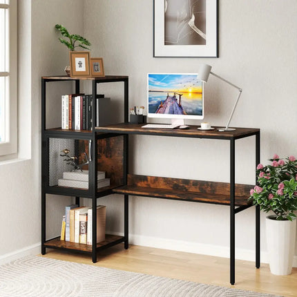 Computer Desk with Bookshelf Home Office Desk with Storage Cabinet and Shelves-Rustic Brown - Rustic Brown - Computer